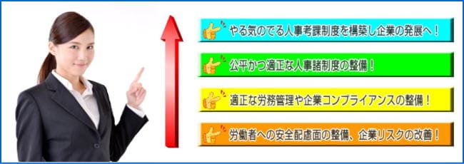 画像：やる気のでる人事考課制度を構築し企業の発展へ！｜公平かつ適正な人事諸制度の整備！｜適正な労務管理や企業コンプライアンスの整備！｜労働者への安全配慮面の整備、企業リスクの改善！