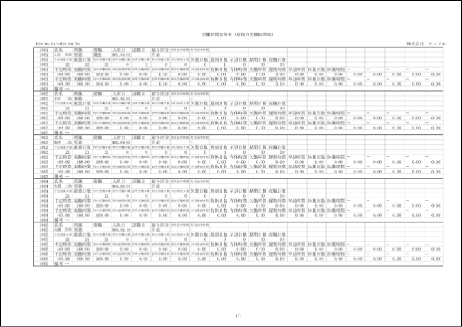 画像：労働時間集計システム（労働時間合計表）